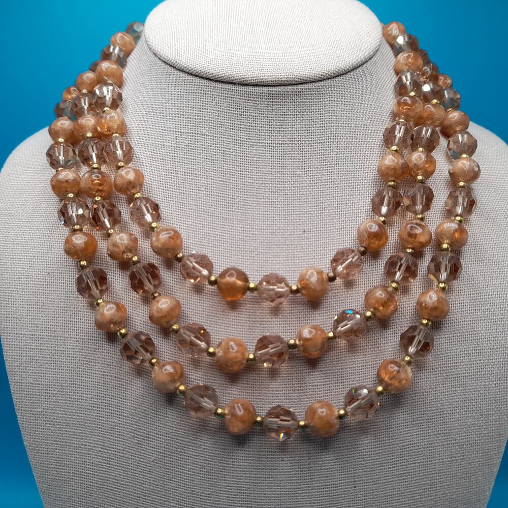 Vintage Lisner 3 Strand Brown Topaz AB Glass Bead Necklace 1950s